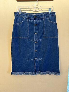 Luvamia Women's Casual Mid Rise Button Down Frayed Raw Hem Denim Jean Midi Skirt